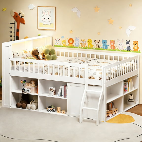 Bellemave Queen Size Loft Bed with Storage and Headboard LED Light, Wooden Low Loft Bed with Bookshelf, Space-Saving Loft Beds Frame with Cabinet for Small Bedroom, No Box Spring Needed, White