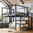 thumbnail image 1 of Bellemave Queen Size Loft Bed with Storage Stairs, Wardrobe, Canopy Support Pole, Metal Loft Beds Frame with Ample Underbed Spaces, Canopy Can Be Disassembled (Natural Wood +Black), 1 of 8