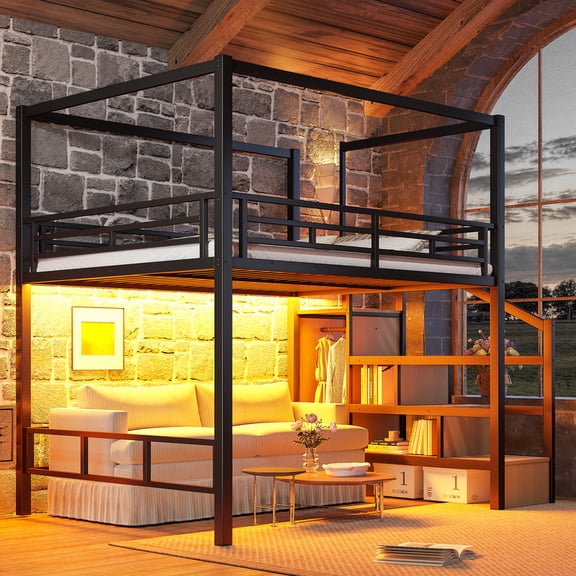 Bellemave Queen Size Loft Bed with Storage Stairs, LED Light, Wardrobe, Canopy Support Pole, Metal Loft Beds Frame with Ample Underbed Spaces, Canopy Can Be Disassembled (Natural Wood +Black)