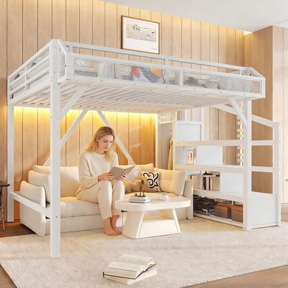 Bellemave Queen Size Metal Loft Bed Frame with Storage Stairs, Wardrobe & Side Shelf, USB Ports and LED Light, Space-Saving Design with Underbed Storage, White