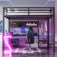 thumbnail image 1 of Bellemave Queen Size Metal Loft Bed with L-Shaped Desk, LED Z-Lights, Gaming Loft with USB Charging Station, Pull-Out Computer Tray, Full Loft Bed with Storage Stairs, No Box Spring Needed, Black, 1 of 13