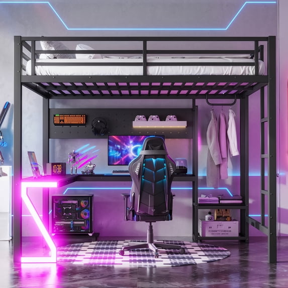 Bellemave Queen Size Metal Loft Bed with L-Shaped Desk, LED Z-Lights, Gaming Loft with USB Charging Station, Pull-Out Computer Tray, Full Loft Bed with Storage Stairs, No Box Spring Needed, Black