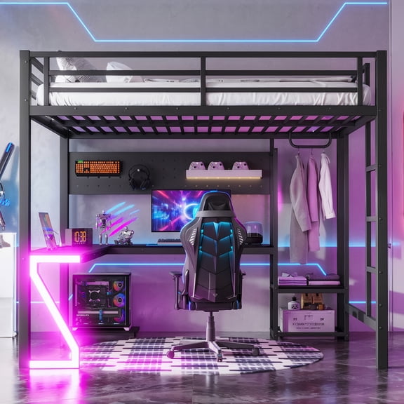 Bellemave Queen Size Metal Loft Bed with L-Shaped Desk, LED Z-Lights, Gaming Loft with USB Charging Station, Pull-Out Computer Tray, Full Loft Bed with Storage Stairs, No Box Spring Needed, Black