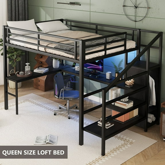 Bellemave Queen Size Metal Loft Bed with L-shaped Desk and Stairs, Loft Bed Frame with Wardrobe and Shelves, Loft Bed with LED Lights and Charging Station for Kids Teens Adults (Queen, Black)