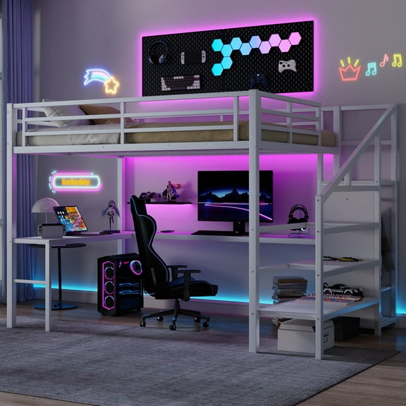 Bellemave Queen Size Metal Loft Bed with L-shaped Desk and Storage Staircase, Loft Bed Frame with Wardrobe and Shelf, LED Loft Bed with Power Outlet for Kids Teens Adults, (Off White, Queen)