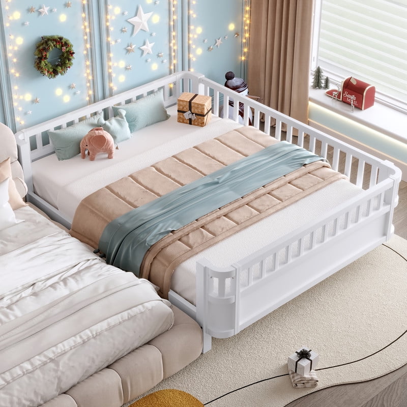 Bellemave Queen Size Montessori Bed with Fence, Wooden Low Platform Bed Frame with Detachable Side Bed Rails and Rounded Corner Design, Multiple Usage Methods Bed, No Box Spring Needed（White）