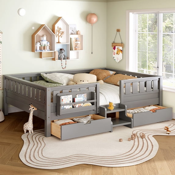 Bellemave Queen Size Montessori Bed Storage and Stairs, Wood Daybed with Bookcase and Guardrails, Queen Floor Beds Frame with 2 Drawers for Room, No Box Spring Needed(Gray)