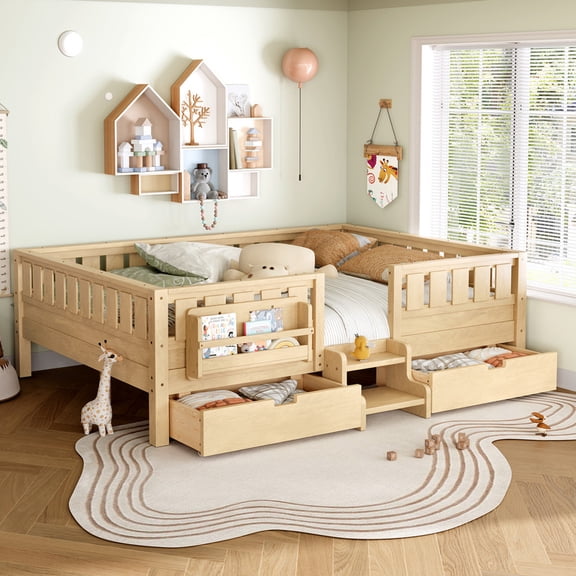 Bellemave Queen Size Montessori Bed Storage and Stairs, Wood Daybed with Bookcase and Guardrails, Queen Floor Beds Frame with 2 Drawers for Room, No Box Spring Needed(Light Natural)