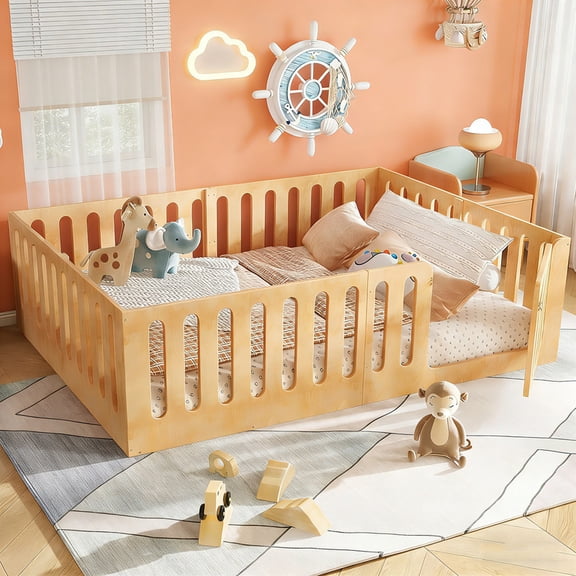 Bellemave Queen Size Montessori Floor Bed, Solid Wood Floor Bed Frame with Fence Railings & Door, Queen Playhouse Bed Frame Easy to Assembly,Natural