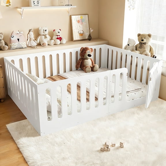 Bellemave Queen Size Montessori Floor Bed, Solid Wood Floor Bed Frame with Fence Railings & Door, Queen Playhouse Bed Frame Easy to Assembly,White