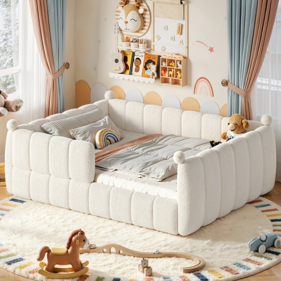 Bellemave Queen Size Montessori Floor Bed, Upholstered Teddy Fleece Child Bed Frame with High Rails, 2-in-1 Daybed with Slats for Toddler Boys Girls, No Box Spring Needed,Beige
