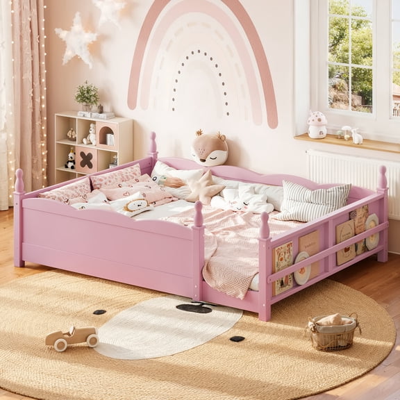 Bellemave Queen Size Montessori Floor Bed with Full-Length Guardrails and Side Bookshelf, Solid Wood Low-Profile Bed, No Box Spring Needed, Pink
