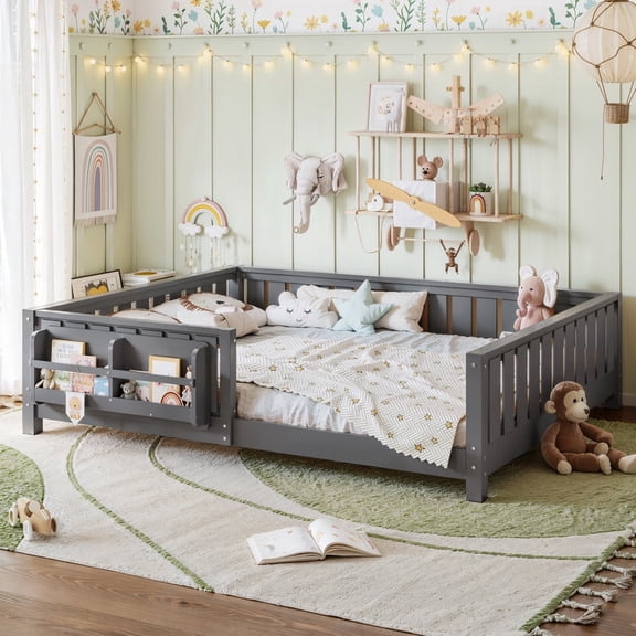 Bellemave Queen Size Montessori Floor Bed with Storage Bookshelf and Guardrail, Wooden Platform Bed with Fence, No Box Spring Needed, Gray