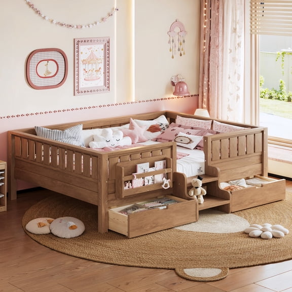 Bellemave Queen Size Montessori Low Floor Bed with Staircase and Guardrails, Bed with Bookshelves and 2 Drawers, No Box Spring Needed, Natural
