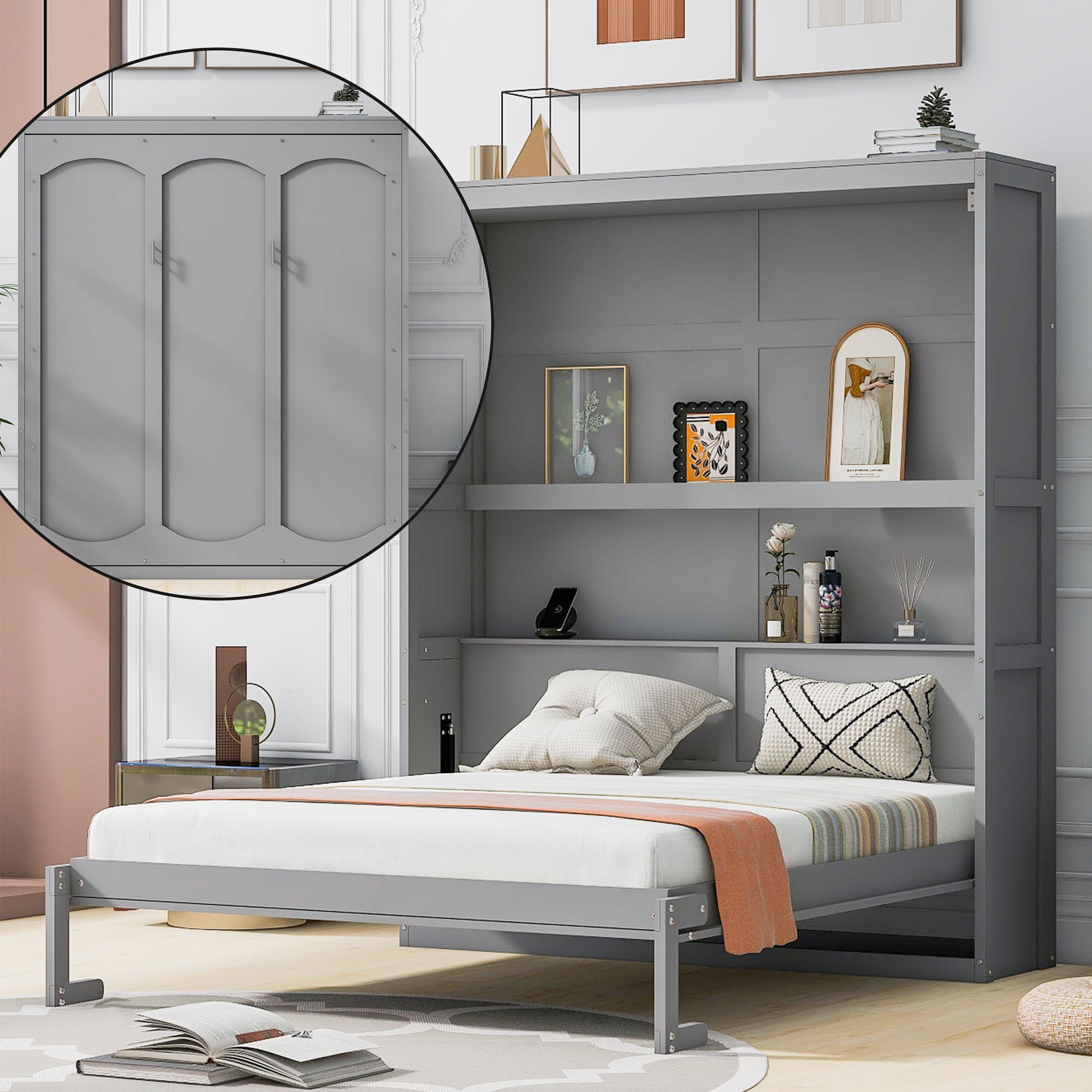 Bellemave Queen Size Murphy Bed 68 Inch Wall Bed, Wood Space-Saving Foldable Cabinet Bed, Queen Platform Bed Frame for Home Office Bedroom（Gray)