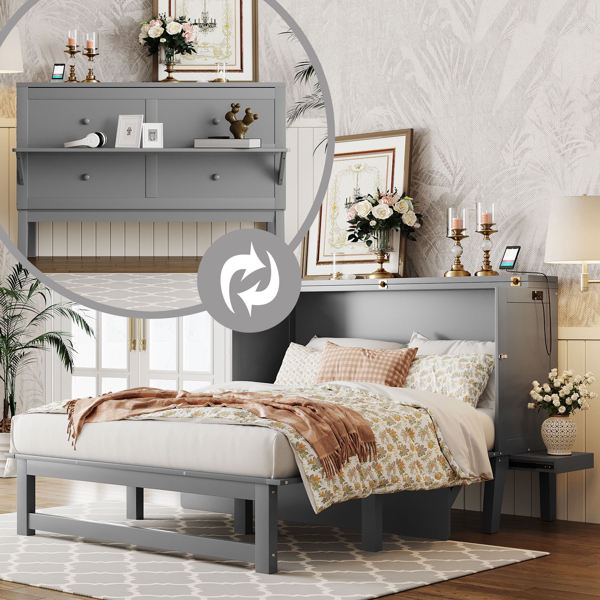 Bellemave Queen Size Murphy Bed, Solid Wood Foldable Platform Bed Frame Can Convert to Cabinet, Murphy Cabinet Bed with USB Port and removable Shelves on Each Side (Queen,Gray)
