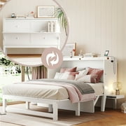 Bellemave Queen Size Murphy Bed, Solid Wood Foldable Platform Bed Frame Can Convert to Cabinet, Murphy Cabinet Bed with USB Port and removable Shelves on Each Side (Queen,White)