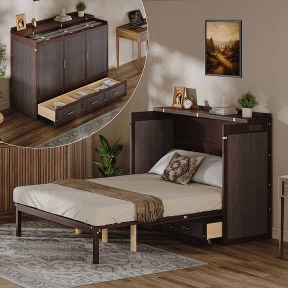Bellemave Queen Size Murphy Bed with Storage Drawer, Foldable Platform Beds with Charging Station, Farmhouse Wood Cabinet Chest Bed for Living Room/Bedroom (Espresso)