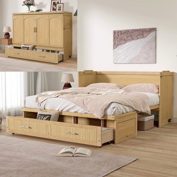 Bellemave Queen Size Murphy Bed with Storage Drawers, Wood Cabinet Bed with USB Ports for Bedroom/Guest Room, Space-Saving Foldable Beds Frame, No Box Spring Needed (Light Teak)