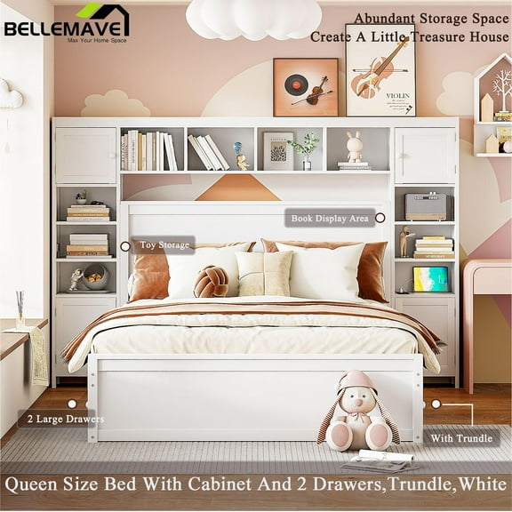 Bellemave Queen Size Platform Bed Frame with Two Storage Drawers and a Trundle, Underneath and Built-in Cabinet, Bookcase Headboard, Wood Cabinet Bed for Teens, Adults, White
