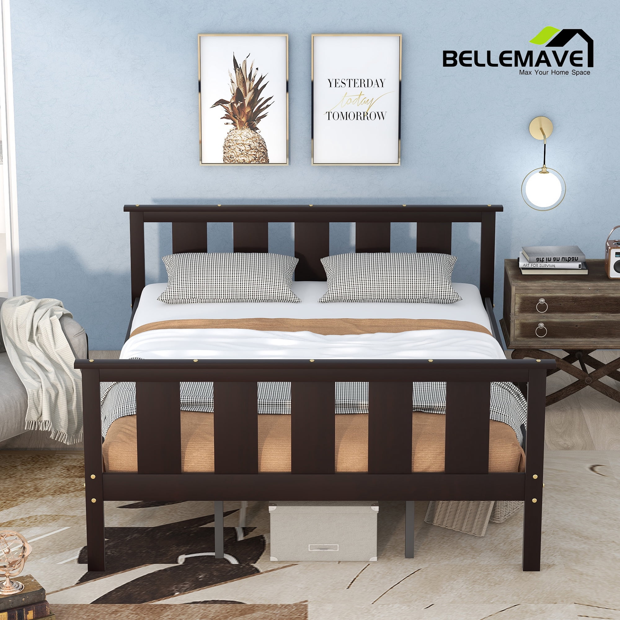 Bellemave Queen Size Platform Bed Frame, Pine Wood, Slat Headboard and