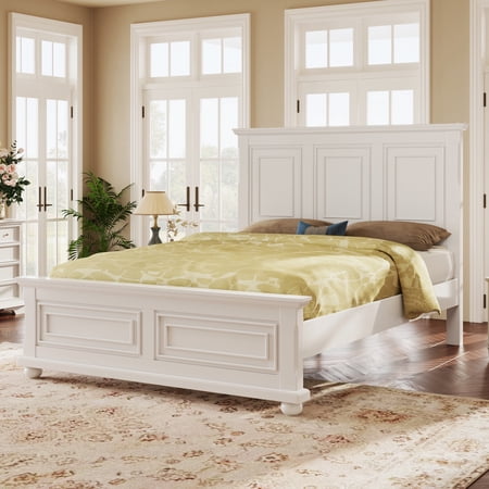 Bellemave Queen Size Platform Bed with Tall Headboard & Footboard, Vintage Queen Bed Frame with Wood Panel Bed Base, No Box Spring Needed, Traditional Style-White