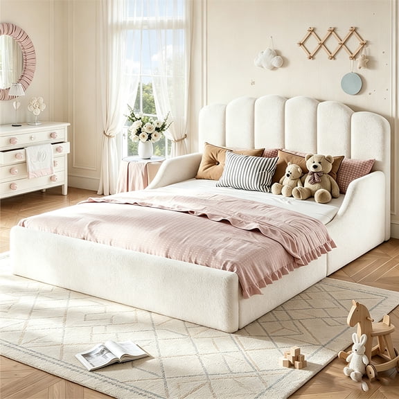 Bellemave Queen Size Upholstered Floor Bed, Teddy Fleece Upholstered Bed with Scalloped Headboard, Safety Rails, Full Padded Platform Frame, Low Profile Platform Bed for Boys Girls, White