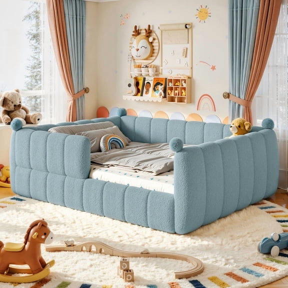 Bellemave Queen Size Upholstered Floor Bed with Full Surround Padded Safety Guardrails, Teddy Fleece Montessori Floor Bed Frame, Blue