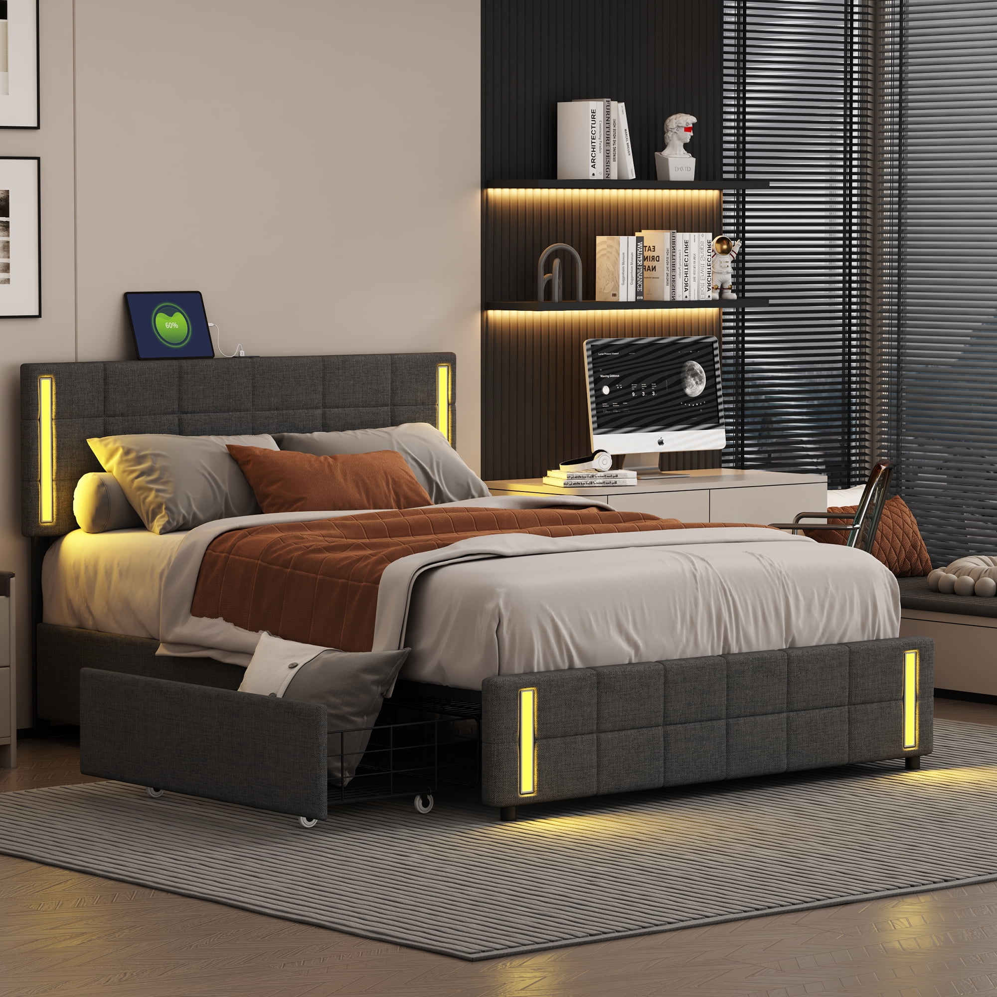 Bellemave Queen Size Upholstered Platform Bed with LED Lights and USB ...
