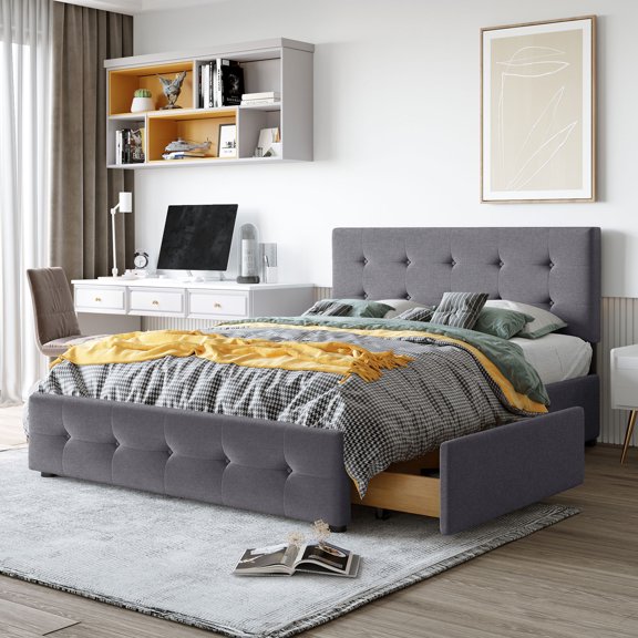 Bellemave Queen Size Upholstered Platform Bed with 4 Drawers, Storage Queen Bed Frame with Classic Headboard,Linen Fabric,Save Space Design,Dark Gray