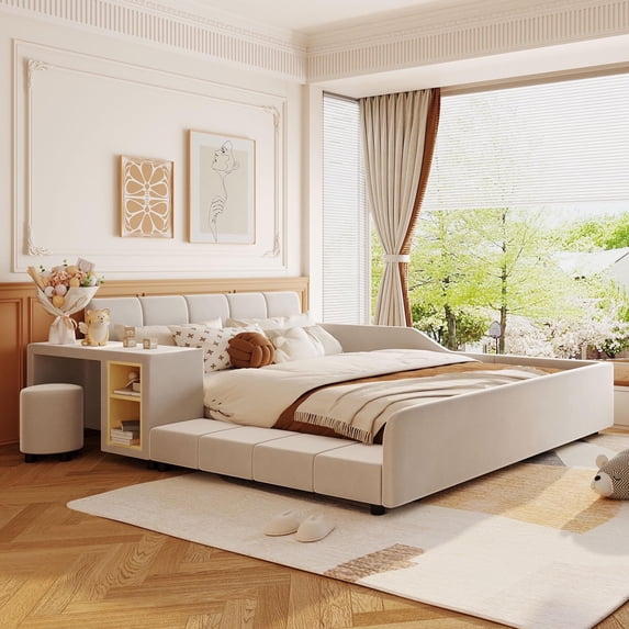 Bellemave Queen Size Velvet Upholstered Bed With Bedside Desk and Stool Queen Bed Frame with Headboard and Side Rails Low Platform Bed, No box Spring Needed, Beige