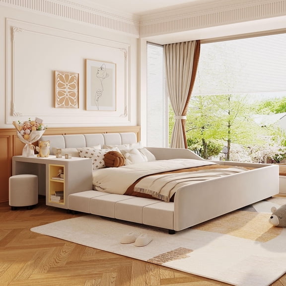 Bellemave Queen Size Velvet Upholstered Bed With Bedside Desk and Stool Queen Bed Frame with Headboard and Side Rails Low Platform Bed, No box Spring Needed, Beige
