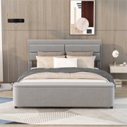 Bellemave Queen Size Velvet Upholstered Bed Frame with Storage Platform Bed with Headboard and Storage Ottoman Wood Bed Frame Queen, No Box Spring Needed, Gray