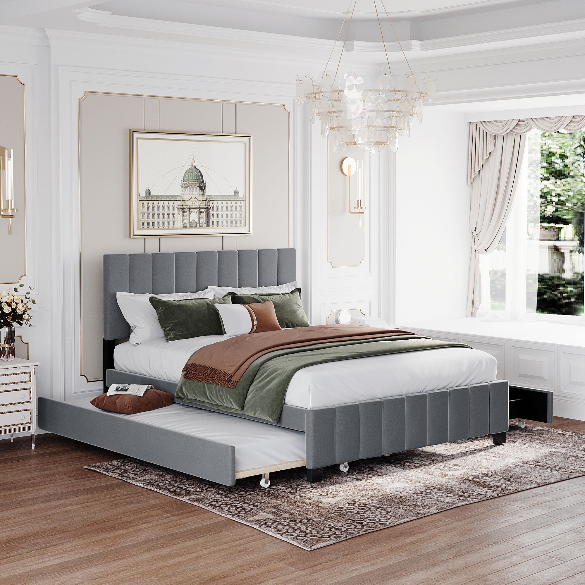 Bellemave Queen Size Velvet Upholstered Platform Bed with 2 Storage ...