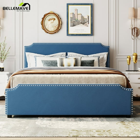 Bellemave Queen Size Velvet Upholstered Platform Bed with 4 Storage Drawers, Wood Bed Frame with Nailhead Trim Headboard for Bedroom, Guest Room (Blue)