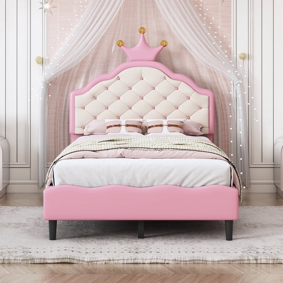 Bellemave Twin Size Upholstered Bed with Crown Shaped Headboard, Princess Platform Bed with Button Tufted Design, Pink Cute Twin Platform Bed for Teens, No Box Spring Needed, Pink + Cream