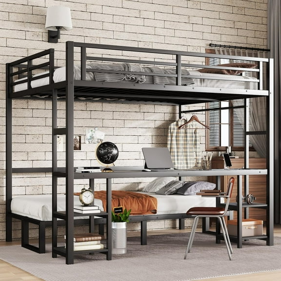 Bellemave Queen over Twin XL Metal Bunk Bed with Desk and Storage Shelves Queen Loft Bed Frame with Desk and Seat Convertible Sofa Bunk Bed with LED Light and USB Port (Black)