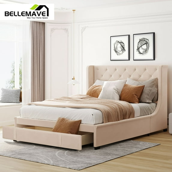 Bellemave Queen Upholstered Platform Bed Frame with Drawer, Storage Bed With Tufted Wingback Headboard, Beige