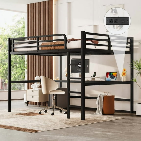 Bellemave Queen Size Loft Bed with Desk and LED Light, Heavy Duty Metal Loft Bed Frame with Power Outlet, Safety Guard & Ladder, Space-Saving, Noise Free, Black