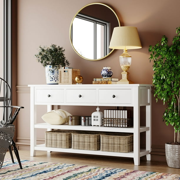 Bellemave Retro Design Console Table with 3 Drawers and 2 Open Shelves Solid Wood Sofa Table with Pine Solid Wood Frame and Legs for Entryway Hallway Living Room Antique White Walmart Business Supplie...