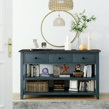 Bellemave Retro Design Console Table with 3 Drawers and 2 Open Shelves,Solid Wood Sofa Table with Pine Solid Wood Frame and Legs for Entryway,Hallway,Living Room(Navy)