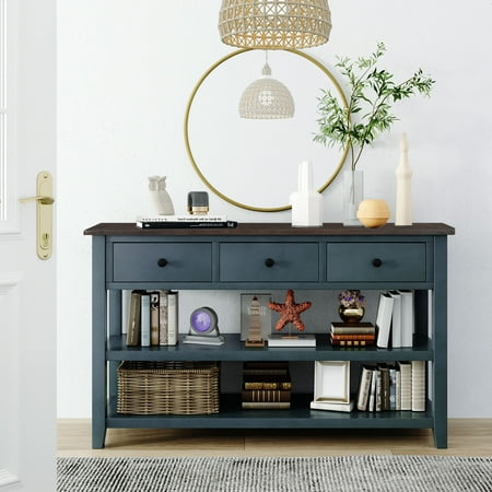 Bellemave Retro Design Console Table with 3 Drawers and 2 Open Shelves,Solid Wood Sofa Table with Pine Solid Wood Frame and Legs for Entryway,Hallway,Living Room(Navy)