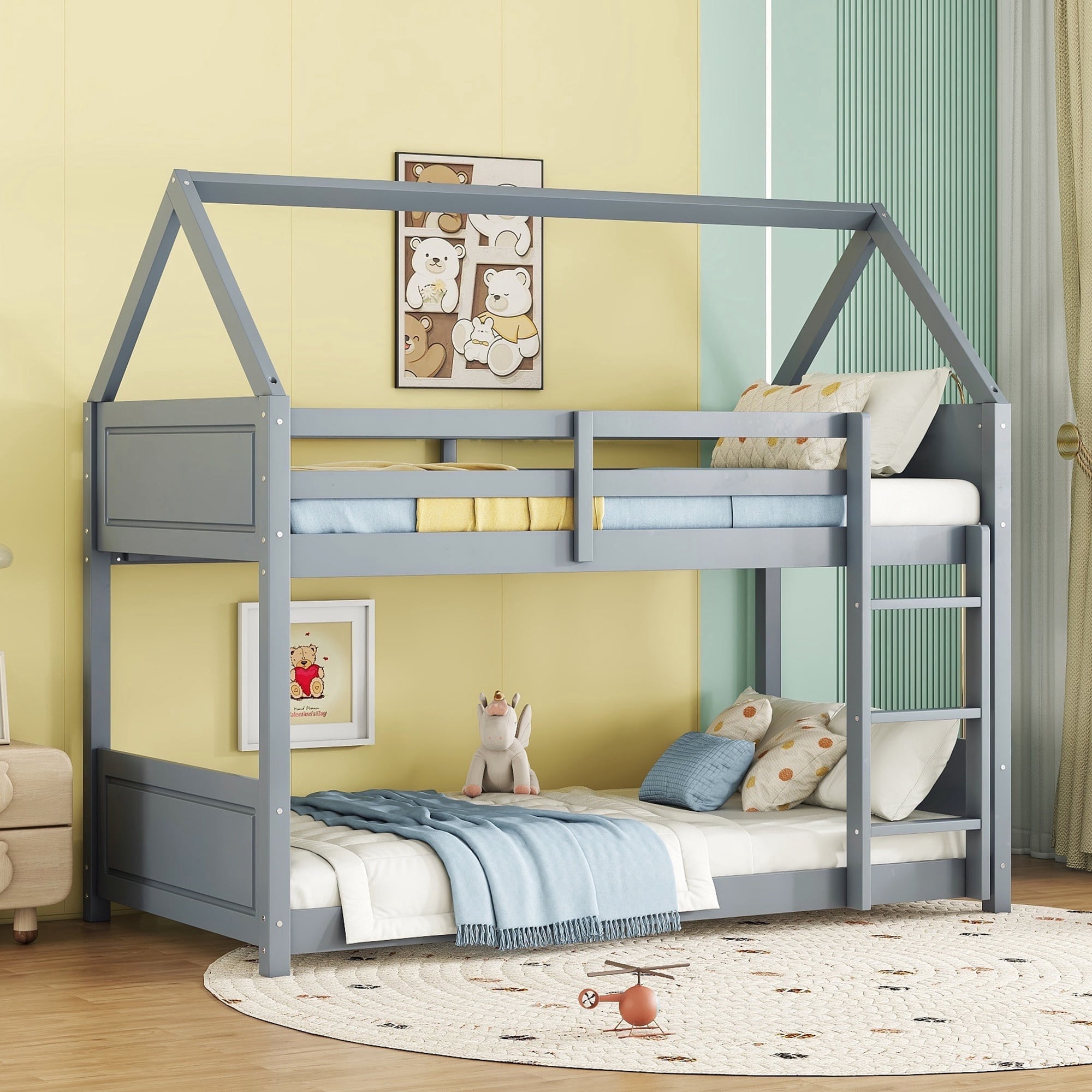 Bellemave Rubber Wood House Bunk Bed Frame Twin over Twin Low Bunk Bed ...