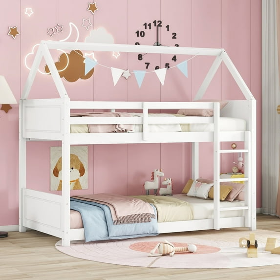 Bellemave Rubber Wood House Bunk Bed Frame Twin over Twin Low Bunk Bed with Headboard and Footboard Twin Floor Bunk Bed with Wooden Slats (White)