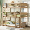 thumbnail image 1 of Bellemave Rubber Wood Triple Bunk Bed Twin over Twin over Twin Bunk Bed Frame with Fence-shaped Guardrails and Ladders Detachable Bunk Bed Convertible 3 Bunk Bed for Teens, White Oak, 1 of 10