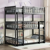 Bellemave Rubber Wood Triple Bunk Bed Twin over Twin over Twin Bunk Bed Frame with Fence-shaped Guardrails and Ladders Detachable Bunk Bed Convertible 3 Bunk Bed for Teens, Black
