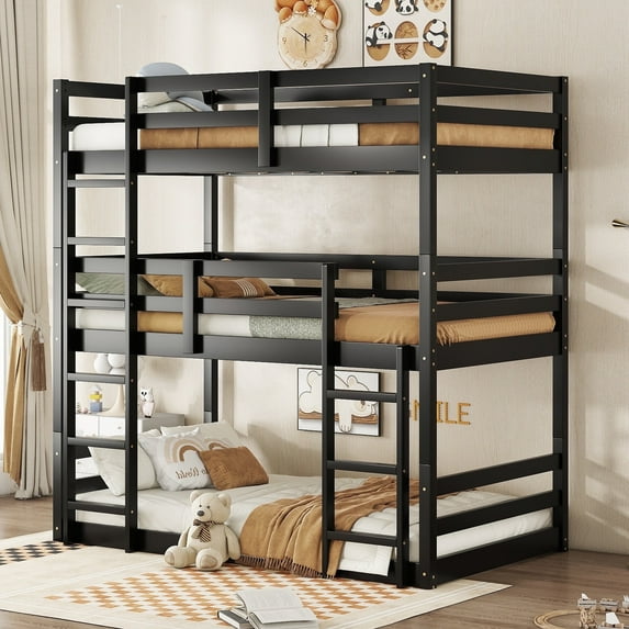 Bellemave Rubber Wood Twin Size Triple Bunk Bed Convertible 3 Bunk Bed with Ladders Twin over Twin over Twin Bunk Bed Low Floor Bunk Bed Frame forTeens, Black
