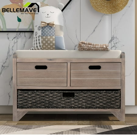 Bellemave Rustic Wood Storage Bench, White Wash
