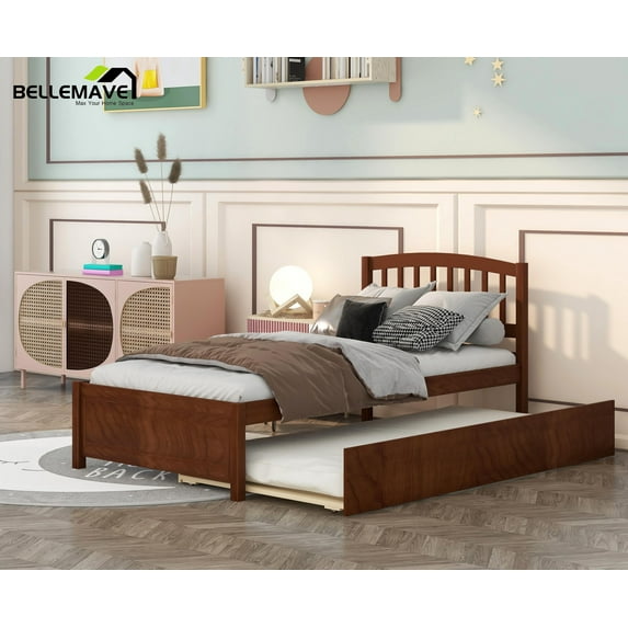 Bellemave Simple Style Twin Size Wood Platform Bed Frame Space Saving Twin Platform Bed with Trundle and Headboard, No Box Spring Needed, Walnut Brown