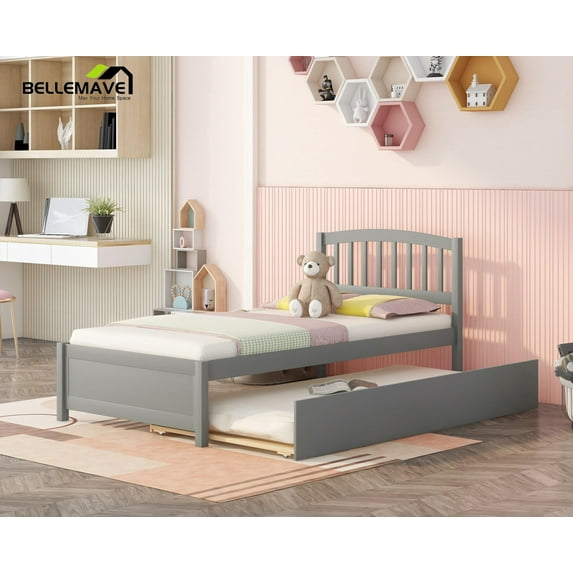 Bellemave Simple Style Twin Size Wood Platform Bed Frame Space Saving Twin Platform Bed with Trundle and Headboard, No Box Spring Needed, Gray